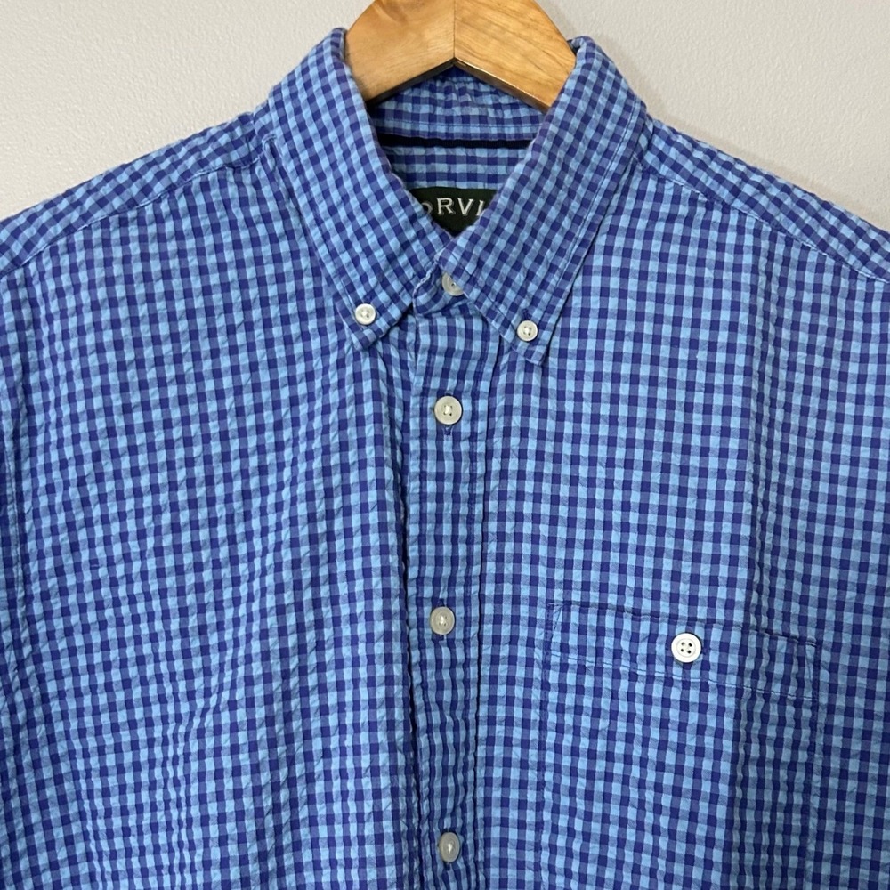 Orvis Shirt Mens Large Blue Gingham Seersucker Cotton Short Sleeve Button Down